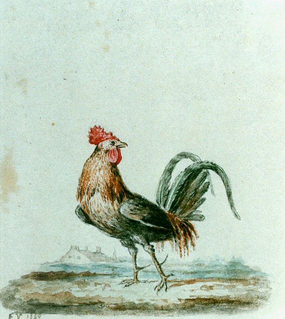 Verboeckhoven E.J.  | Rooster, watercolour on paper 6.5 x 6.0 cm, signed l.l. with monogram and dated 1928