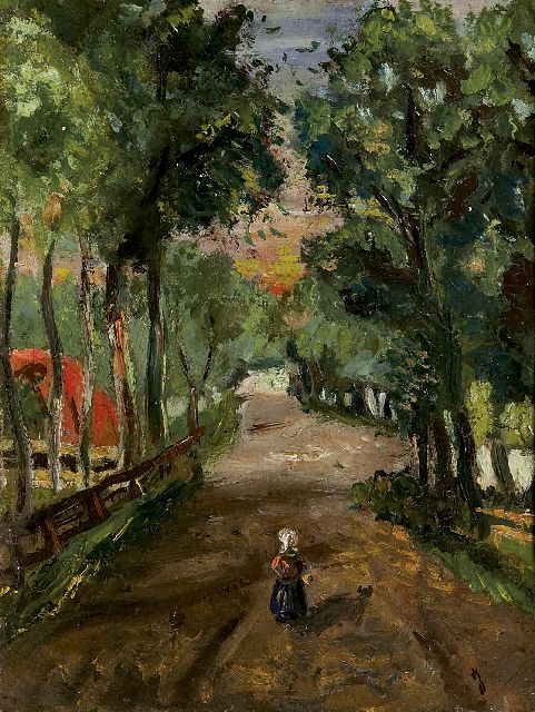 Oranje-Nassau (koningin Juliana) J.L.E.M.W. van | A forest path with a girl, oil on board 18.7 x 13.9 cm, signed l.r. with initial