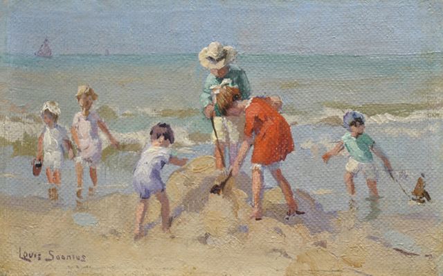 Louis Soonius | Children playing at the beach, oil on canvas laid down on board, 8.7 x 13.8 cm, signed l.l.