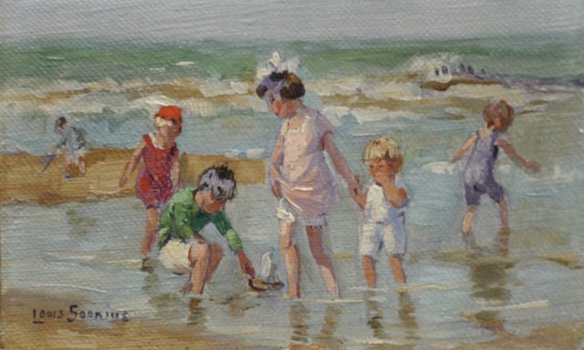 Soonius L.  | Children paddling along the beach, oil on canvas laid down on board 8.8 x 13.9 cm, signed l.l.