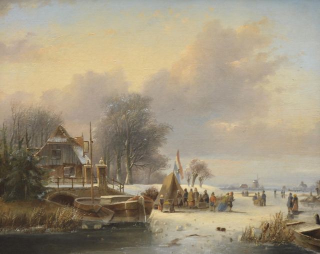 Johannes Petrus van Velzen | Ice skaters, oil on canvas, 44.0 x 51.5 cm