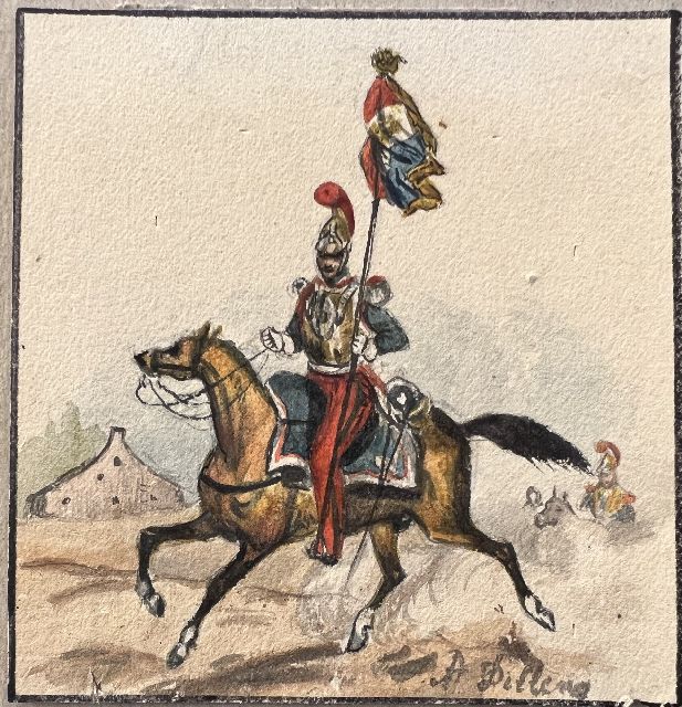 Dillens A.A.  | Cavalerist, watercolour on paper 8.7 x 8.4 cm, gesigneerd r.o.
