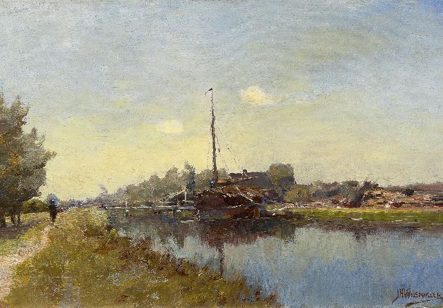 Jan Hillebrand Wijsmuller | A ship moored in a canal, oil on canvas laid down on panel, 33.8 x 49.0 cm, signed l.r.