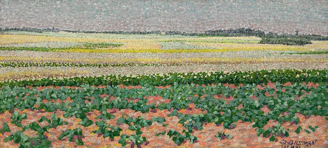 Breman A.J.  | Summer landscape with potatofields in the Gooi region, oil on canvas 18.7 x 40.5 cm, signed l.r. and dated 'L 1 7 1903'