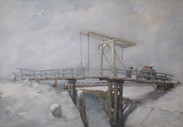 Adolf le Comte | Figures on a drawbridge in winter, watercolour on paper, 45.5 x 64.6 cm, signed l.r.