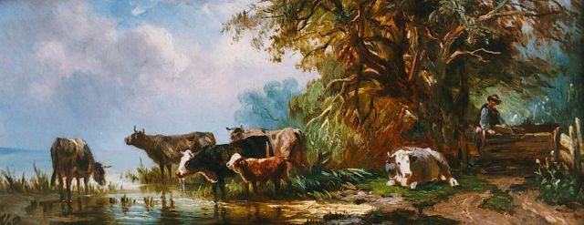 Prooijen A.J. van | Cattle watering, oil on panel 7.2 x 17.3 cm, signed l.l.