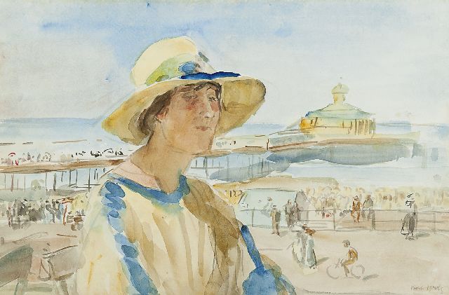 Israels I.L.  | Woman at the beach of Scheveningen, watercolour on paper 32.5 x 50.0 cm, signed l.r.