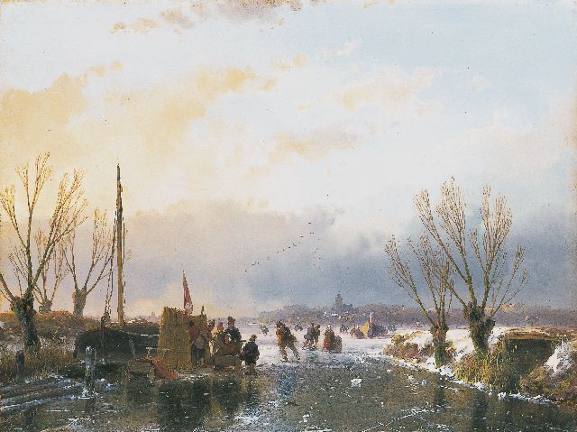 Schelfhout A.  | A winter landscape with skaters and a 'koek-en-zopie', oil on panel 21.6 x 28.9 cm, signed l.l. and dated 1850