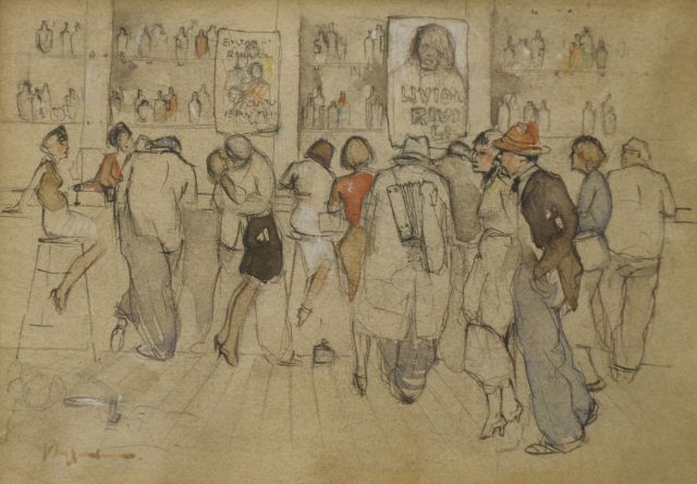 Jan Rijlaarsdam | In the bar, Paris, chalk and watercolour on paper, 12.7 x 17.6 cm, signed l.l.