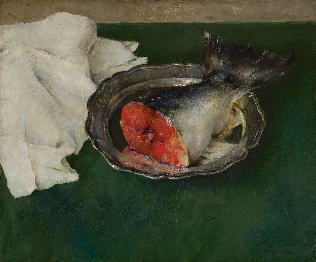 Vaes W.  | Salmon on a pewter plate, oil on canvas 49.9 x 60.1 cm, signed l.r.