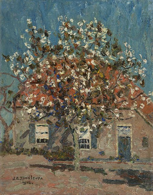 Jan Adam Zandleven | Flowering fruit tree in front of a farm, oil on canvas laid down on panel, 40.2 x 32.1 cm, signed l.l. and dated 1912