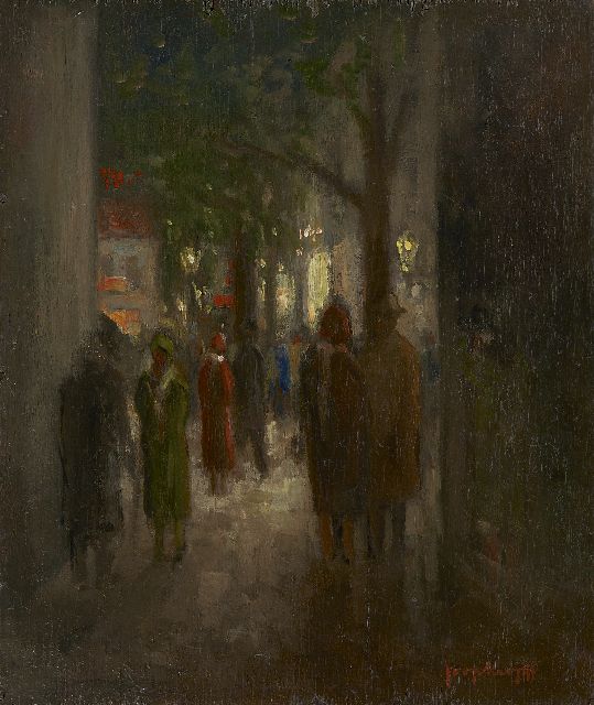 Kropff J.  | A street scene by night, oil on panel 31.7 x 26.9 cm, signed l.r.