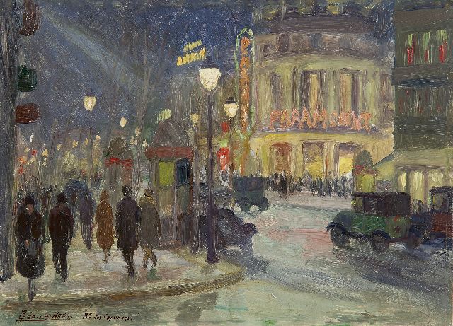 Géo-Lachaux G.M.  | The Paramount Theatre on the Boulevard des Capucines, Paris, oil on panel 24.1 x 33.2 cm, signed l.l.