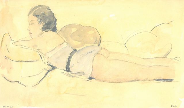 Kloos C.  | Reclining woman in a small blue dress, pencil and watercolour on paper 18.2 x 30.9 cm, signed l.r. and dated 18-4-43