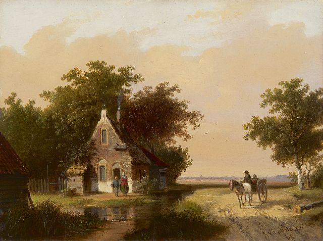 Stok J. van der | Landscape with figures near a small house, oil on panel 18.9 x 25.3 cm, signed l.r. and dated '62
