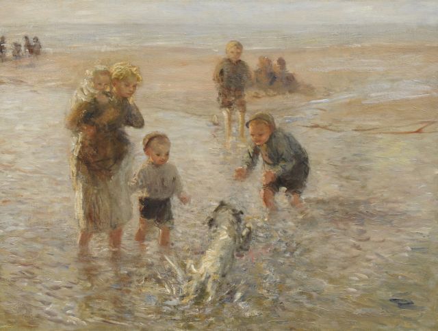 Blommers B.J.  | Playing at the beach with the dog, oil on canvas 76.3 x 100.2 cm