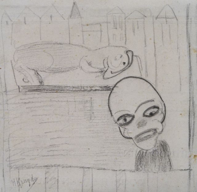 Herman Kruyder | A clown and an animal, black chalk on paper, 10.0 x 10.2 cm, signed l.l.