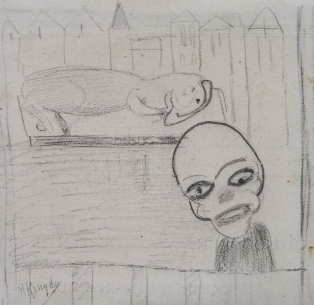 Herman Kruyder | A clown and an animal, black chalk on paper, 10.0 x 10.2 cm, signed l.l.