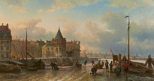 Elias Pieter van Bommel | On the ice near the Schreierstoren, Amsterdam, oil on canvas, 54.3 x 100.4 cm, signed l.l. and dated 1883