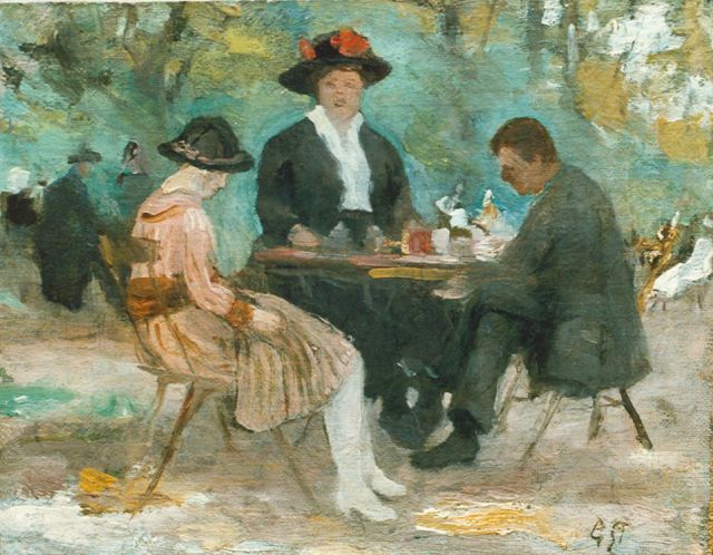 Gert Stegeman | Teatime, oil on panel, 18.2 x 23.5 cm, signed l.r. with monogram