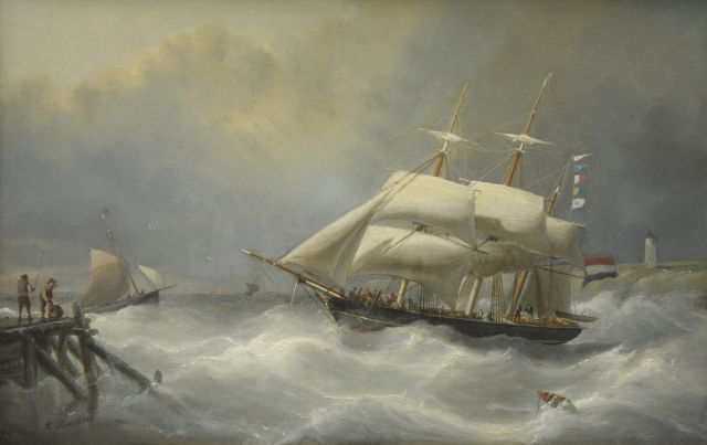 Nicolaas Riegen | A sailing boat, oil on canvas laid down on board, 44.1 x 67.9 cm, signed l.l.
