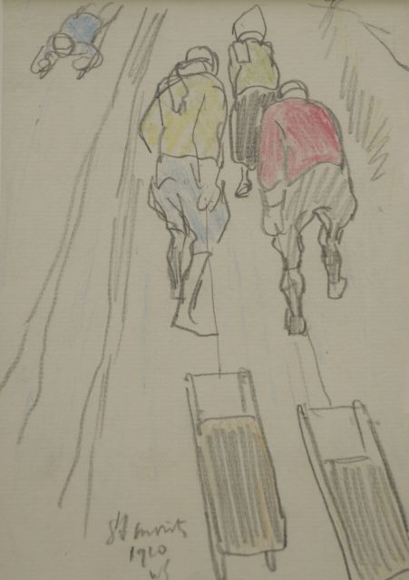 Willy Sluiter | Pulling the sledge up the slopes, St. Moritz, pencil and coloured pencil on paper, 17.0 x 11.8 cm, signed l.m. with initials and dated 1910