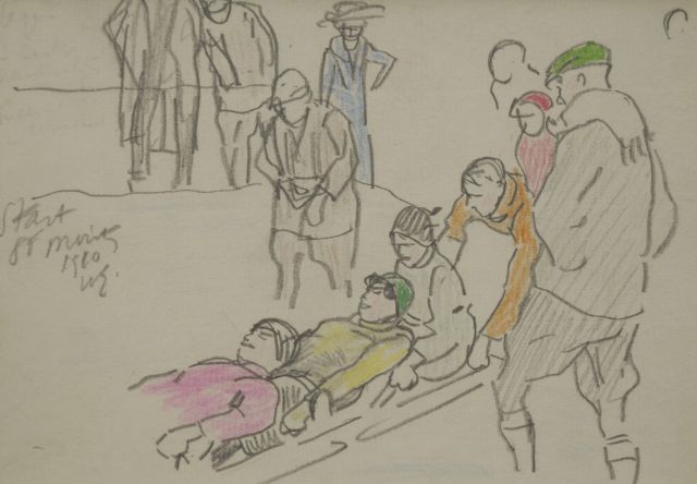 Willy Sluiter | Start bobsled race, St Moritz 1910, pencil and coloured pencil on paper, 11.6 x 16.2 cm, signed c.l. with initials and dated 1910
