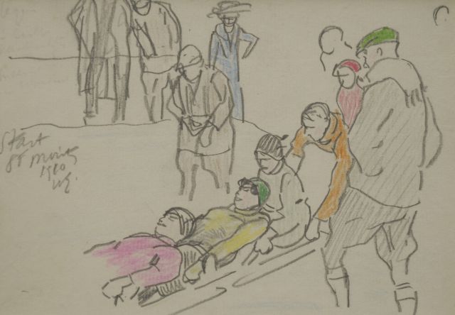 Sluiter J.W.  | Start bobsled race, St Moritz 1910, pencil and coloured pencil on paper 11.6 x 16.2 cm, signed c.l. with initials and dated 1910