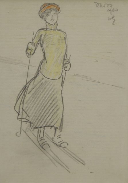 Willy Sluiter | A woman skiing, Davos, pencil and coloured pencil on paper, 16.2 x 11.2 cm, signed u.r. with initials and dated 1910