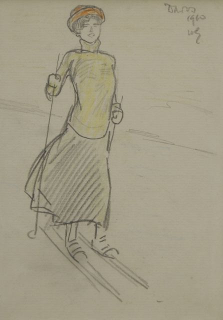 Sluiter J.W.  | A woman skiing, Davos, pencil and coloured pencil on paper 16.2 x 11.2 cm, signed u.r. with initials and dated 1910