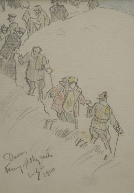 Willy Sluiter | Returning from the ski races, Davos, pencil and coloured pencil on paper, 17.2 x 12.6 cm, signed l.l. with initials and datedm 1910