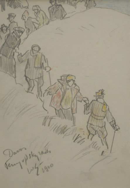 Sluiter J.W.  | Returning from the ski races, Davos, pencil and coloured pencil on paper 17.2 x 12.6 cm, signed l.l. with initials and datedm 1910