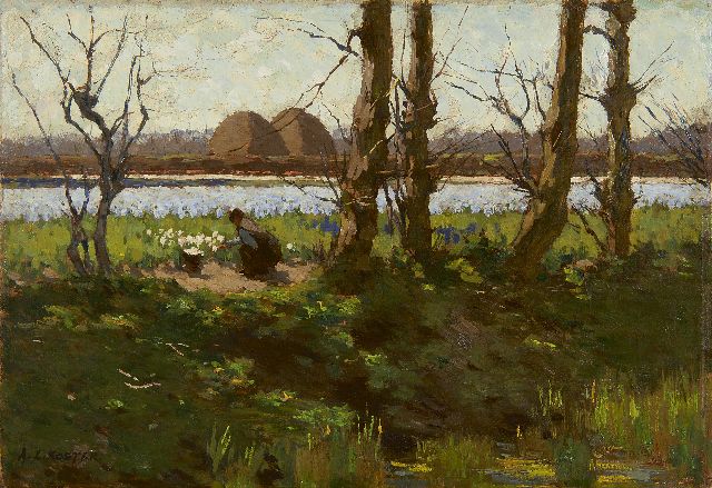 Koster A.L.  | Cutting hyacinths, oil on canvas 31.6 x 45.4 cm, signed l.l.