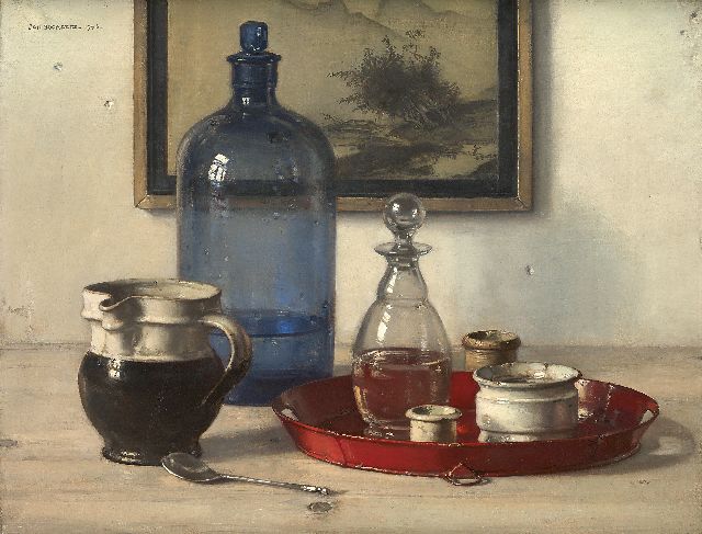 Jan Bogaerts | Still life with blue bottle and jars, oil on canvas, 34.7 x 45.4 cm, signed u.l. and dated 1943