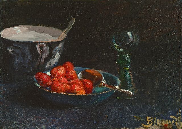 Blommers B.J.  | Strawberries with whipped cream and a Rhine wine glass, oil on canvas 28.8 x 40.0 cm, signed l.r. and painted ca. 1880