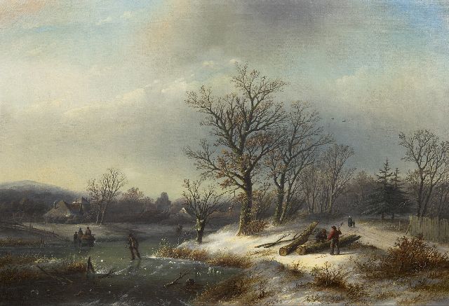 Spohler J.J.C.  | Winter landscape with jumberjacks and skaters, oil on canvas 65.0 x 95.3 cm, signed l.l.