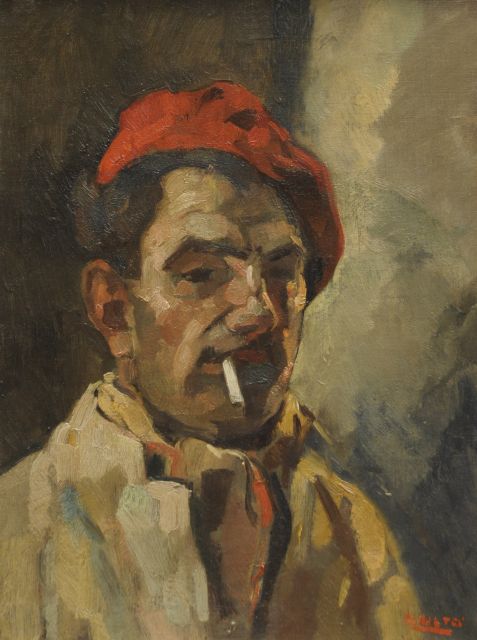 Cor Noltee | A self portrait of the artist with red beret, oil on canvas, 40.7 x 30.5 cm, signed l.r.