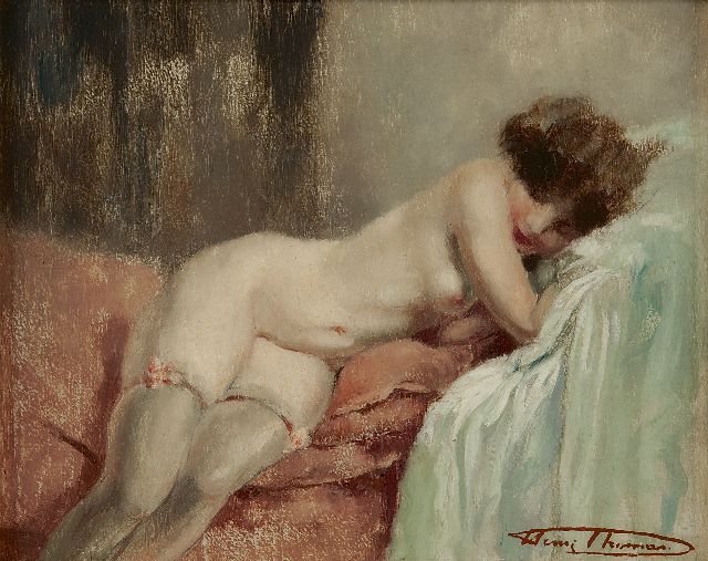 Thomas H.J.  | Reclining nude, oil on panel 23.1 x 28.7 cm, signed l.r.