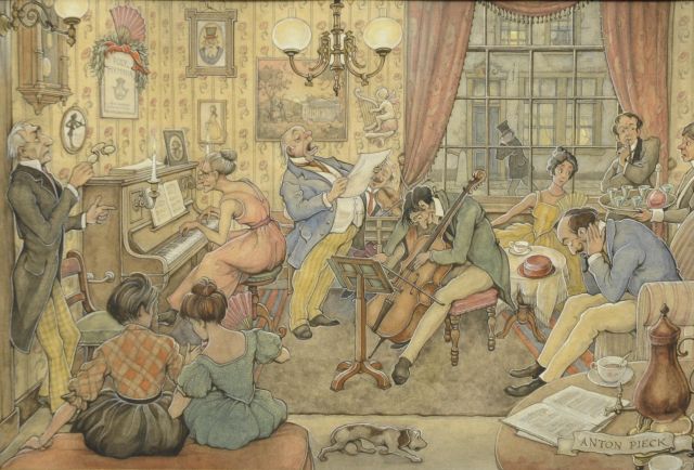 Anton Pieck | Musical evening, watercolour on paper, 33.5 x 23.0 cm, signed l.r.