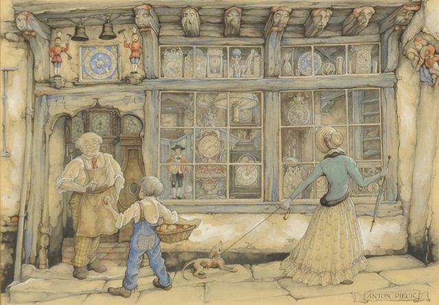 Anton Pieck | The clockmaker, watercolour on paper, 24.2 x 34.5 cm, signed l.r.