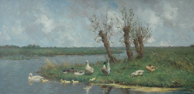 Constant Artz | A Dutch polder landscape with pollard willows and ducks, oil on canvas, 40.0 x 80.5 cm, signed l.r.