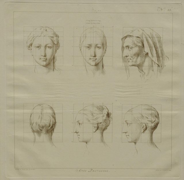 Jacob de Wit | The ideal proportions of the human body - Head of a woman (no.XI), etching on paper, 40.0 x 40.0 cm