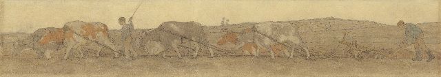 Co Breman | Ploughing farmers, chalk and gouache on paper, 36.0 x 208.0 cm, signed l.r. and dated 1908