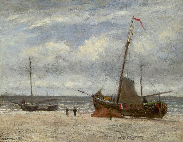 Heppener J.J.  | Fishing boats on the beach, oil on panel 23.5 x 30.2 cm, signed l.l. and dated 18[?]