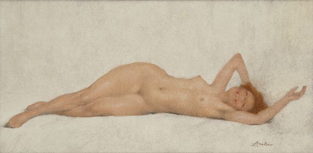 Lucien Boulier | Reclining nude, oil on painter's board, 32.6 x 65.2 cm, signed l.r.