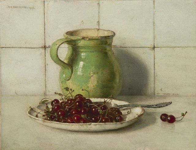 Jan Bogaerts | Still life with cherries and stoneware can, oil on canvas, 35.3 x 46.0 cm, signed u.l. and dated 1937