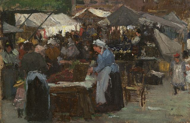 Arntzenius P.F.N.J.  | Market scene, The Hague, oil on canvas laid down on panel 31.3 x 47.2 cm, signed l.r.