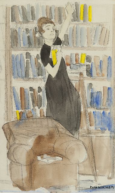 Piet van der Hem | The librarian, chalk and watercolour on paper, 33.4 x 20.0 cm, signed l.r.
