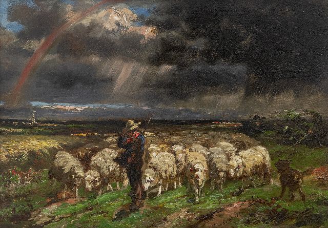 Franse School, 19e eeuw | A flock of sheep fleeing from the thunder/rainbow, oil on panel, 18.7 x 27.0 cm, signed c.r.