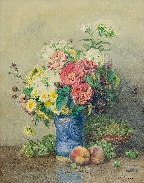 Rivoire F.  | Still life with roses, phloxes and fruit, watercolour on paper 58.4 x 46.4 cm, signed l.r.